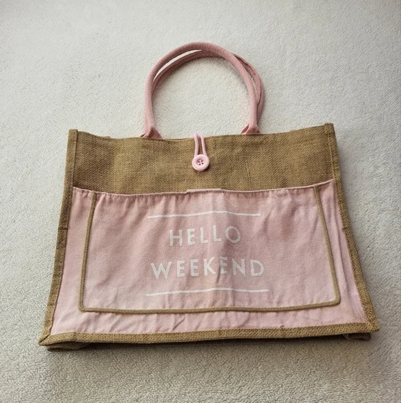 Canvas Brown and Pink Weekend Bag Loop Button Closure 17 x 13 x 5 - Picture 1 of 7